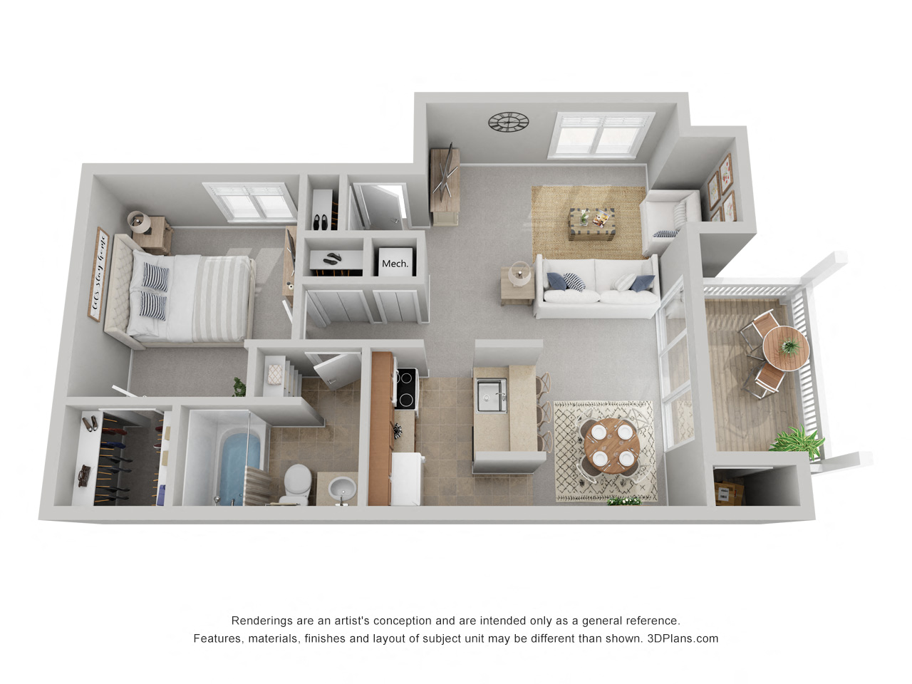 Floor plan for 1 bed, 1 bath, 670 sqft